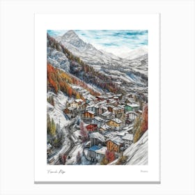 French Alps France Pencil Sketch 2 Watercolour Travel Poster Canvas Print
