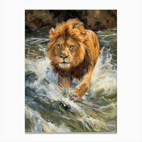 Barbary Lion Crossing A River Acrylic Painting 4 Canvas Print