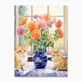 Cat With Ranunculus Flowers Watercolor Mothers Day Valentines 3 Canvas Print