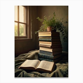 Book Stack On Bed Canvas Print