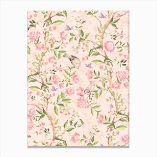 Pastel Blush Antique Chinoiserie With Birds And Flowers Canvas Print