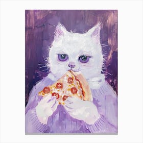 White Cat Eating Pizza Folk Illustration 3 Canvas Print