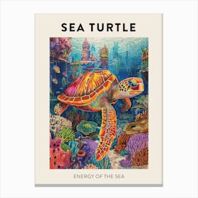 Sea Turtle In A Rainbow Underwater World Pencil Drawing Poster Canvas Print