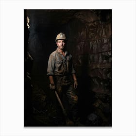 Miners Weathered Portrait Emerging From Deep Shadows Hint Of Grimace Under The Weathered Soot St Canvas Print