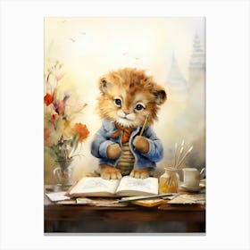 Writing Watercolour Lion Art Painting 1 Canvas Print