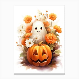 Cute Ghost With Pumpkins Halloween Watercolour 128 Canvas Print