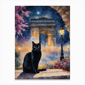 Black Cat by The Arc De Triumph Iconic Paris Cityscape France - Traditional Watercolor Art Print Kitty Travels Home and Room Wall Art Cool Decor Klimt and Matisse Inspired Modern Awesome Cool Unique Pagan Flowers Witchy Witches Familiar Gift For Cat Lady Animal Lovers World Travelling Genuine Works by British Watercolour Artist Lyra O'Brien Canvas Print