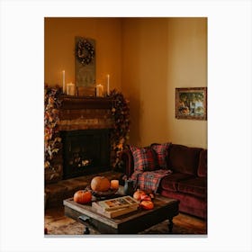 Autumn Themed Cozy Living Room Warm Golden Light Bathing The Room Soft Textures Of Plush Pillows N (1) Canvas Print