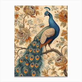 Vintage Sepia Peacock In A Floral Tree Wallpaper Inspired 1 Canvas Print