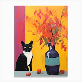 Sweet Pea Flower Vase And A Cat, A Painting In The Style Of Matisse 0 Canvas Print