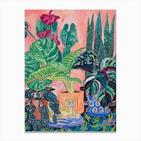 Indoor Tropical Plant Jungle With Cheetah Canvas Print