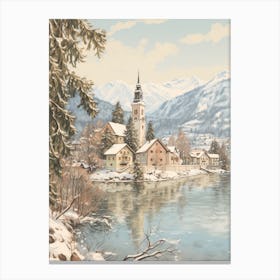 Vintage Winter Illustration Lake Bled Slovenia 2 Canvas Print