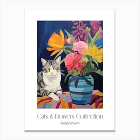 Cats & Flowers Collection Delphinium Flower Vase And A Cat, A Painting In The Style Of Matisse 0 Canvas Print