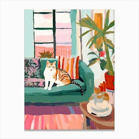 Ginger Cat On A Sofa In Boho Living Room Painting Animal Lovers Canvas Print