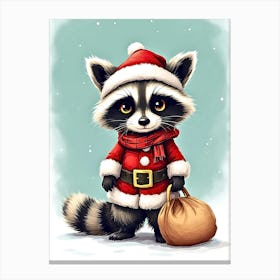 Raccoon Dressed In A Santa Suit, Complete With A Bag Of Toys And A Mischievous Twinkle In Its Eye Canvas Print