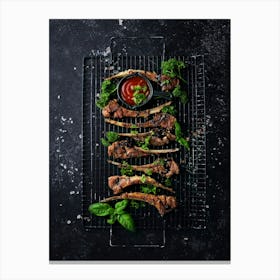 BBQ, Grill, Raw lamb — Food kitchen poster/blackboard, photo art Canvas Print