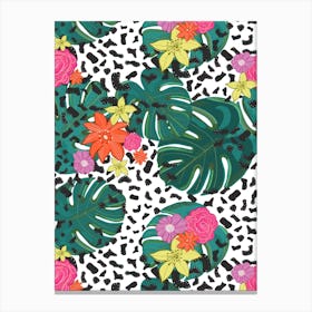 Shining Leopard Detailed Colorful Happy Tropical Flowers Vibrant Pattern Canvas Print