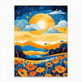Cartoon Poppy Field Landscape Illustration (26) Canvas Print