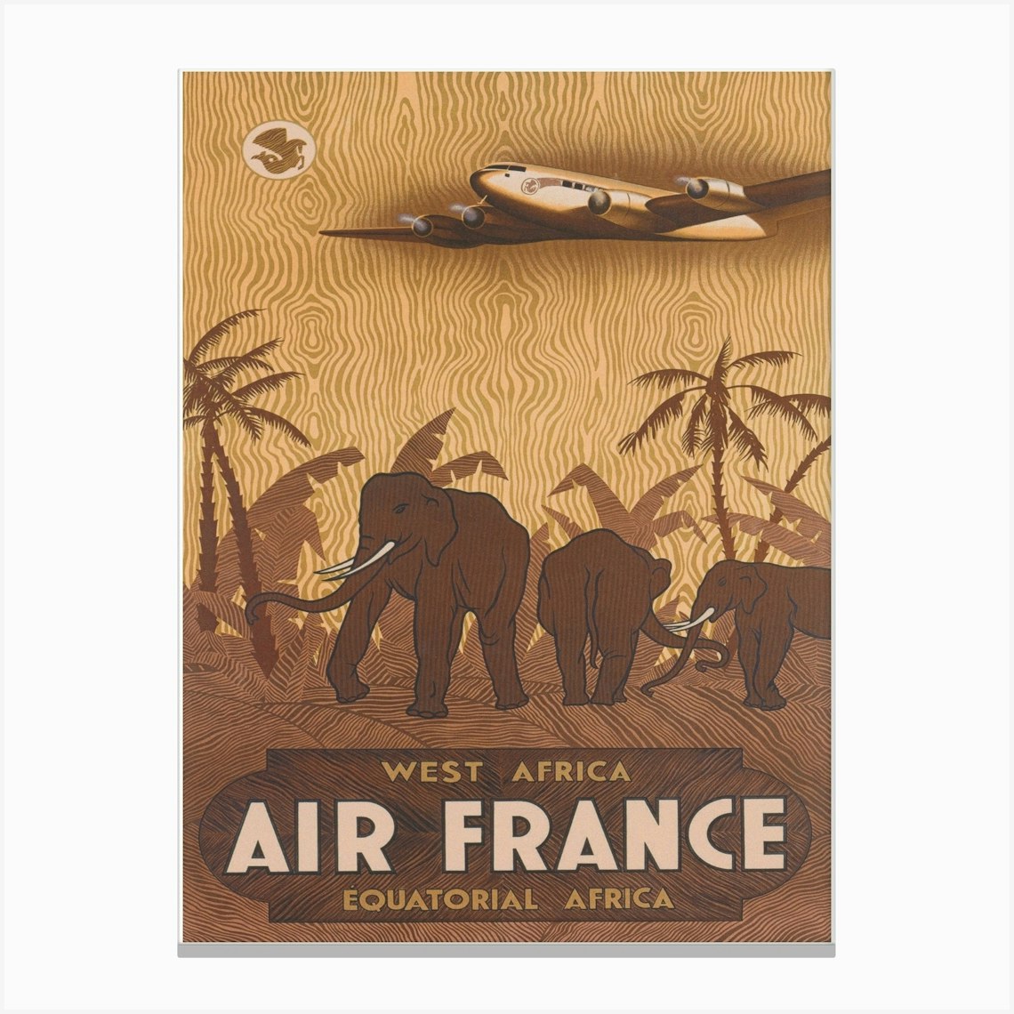 Elephants in Africa, Vintage Travel Poster, Muted Neutral Colors Lienzo