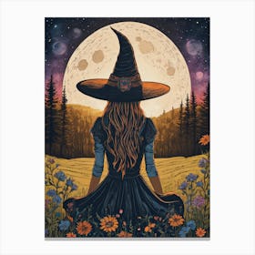 Cottagecore Country Witch - Beautiful Vintage Style Victorian Witchcore Full Moon Witchy Pagan Fairytale Line Art of a Young Witch Sitting in a Summer Meadow of Flowers, Litha Witch Goddess Wheel of the Year Wiccan Festival Celestial Tarot HD Canvas Print