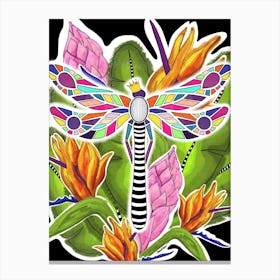Colorful mosaic Dragonfly on tropical flowers Canvas Print