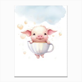 Baby Tea Cup Pig Flying With Ballons, Watercolour Nursery Art 2 Canvas Print