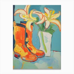 Painting Of Yellow Flowers And Cowboy Boots, Oil Style 11 Canvas Print