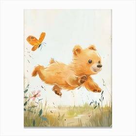 Sloth Bear Cub Chasing After A Butterfly Storybook Illustration 3 Canvas Print