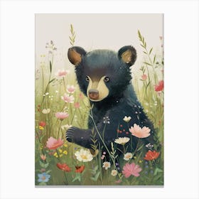 American Black Bear Cub In A Field Of Flowers Storybook Illustration 4 Canvas Print