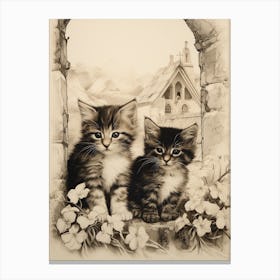 Cute Kittens Sepia Illustration With Medieval Church In Background Canvas Print