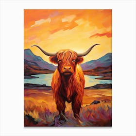 Sunset Brushstroke Impressionsim Style Painting Of A Highland Cow 1 Canvas Print
