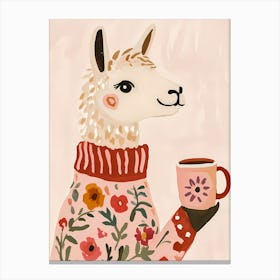 Cute Llama In Sweater with Coffee Canvas Print