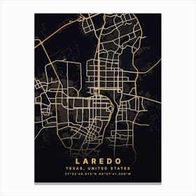 Laredo Texas USA Black And Gold Map Canvas Print