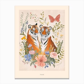 Folksy Floral Animal Drawing Tiger Poster Canvas Print
