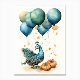 Peacock Flying With Autumn Fall Pumpkins And Balloons Watercolour Nursery 4 Canvas Print