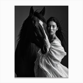 Woman On Stallion Both Cloaked In Shadow Captured In Timeless Black And White Portrait Nuanced Co Canvas Print