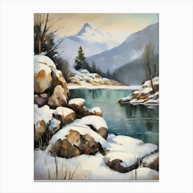 Ancient landscapes, old winter oil paintings and rocks around the lake bank. Snow is falling on the lake, old colors.6 1 Canvas Print