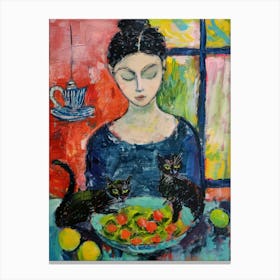 Portrait Of A Girl With Cats Eating Salad 4 Canvas Print