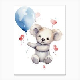Baby Koala Flying With Ballons, Watercolour Nursery Art 1 Canvas Print