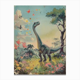 Dinosaur Catching Butterflies In The Meadow Vintage Illustration Canvas Print
