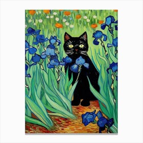 Vang Gogh Irises With Black Cat Painting Canvas Print