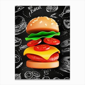Burger, plastic 3D — Food kitchen poster/blackboard, photo art Canvas Print
