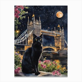 The Black Cat in London - Tower Bridge At Night on a Full Moon Iconic England Cityscapes Traditional Watercolor Art Print Kitty Travels Home and Room Wall Art Cool Decor Klimt and Matisse Inspired Modern Awesome Cool Unique Pagan Witchy Witches Familiar Gift For Cat Lady Animal Lovers World Travelling Genuine Works by British Watercolour Artist Lyra O'Brien Canvas Print