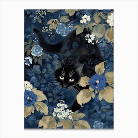 Black Cat In Blue Flowers 9 Canvas Print