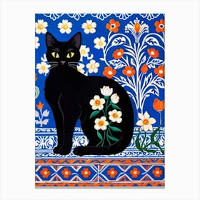 Black Cat In Floral Pattern Canvas Print