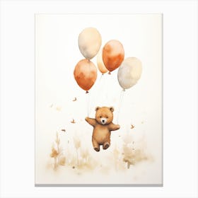 Bear Flying With Autumn Fall Pumpkins And Balloons Watercolour Nursery 4 Canvas Print