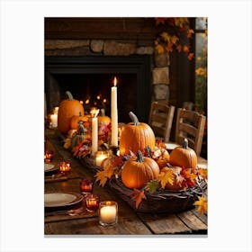 Autumn Table Decoration Cascading Leaves Of Warm Hues Rest Atop Smooth Pumpkins With Textured Exter Canvas Print