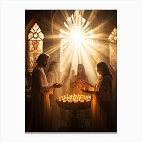 Candlelight Vigil During Spiritual Celebration Rays Of Soft Golden Light Breaking Through Stained G (7) Canvas Print