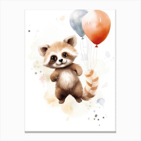 Baby Panda Flying With Ballons, Watercolour Nursery Art 1 Canvas Print