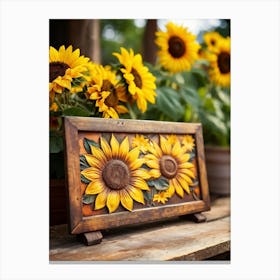 Sunflowers On A Wooden Frame Canvas Print